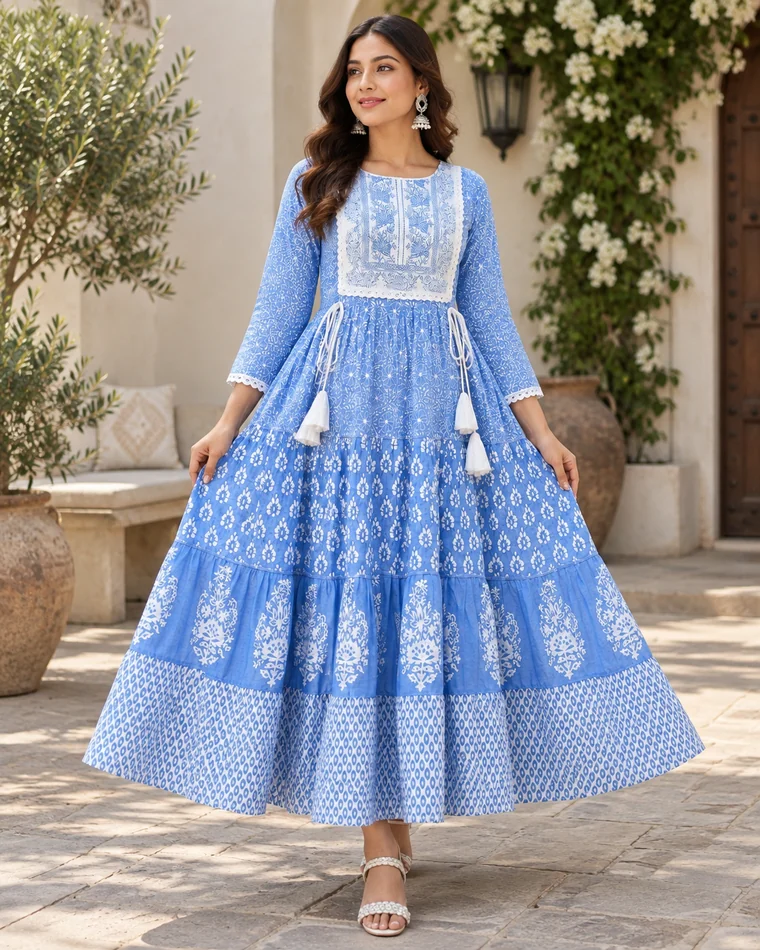 Sky Blue Printed Tiered Anarkali front view